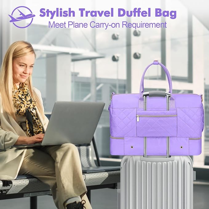 Weekender Bags for Women, Large Travel Duffel Bag with Shoe Compartment, Carry on Overnight Bag with Toiletry Makeup Bag, Gym Duffel Bag for Travel Gym Camping Hospital, Purple - Image 5