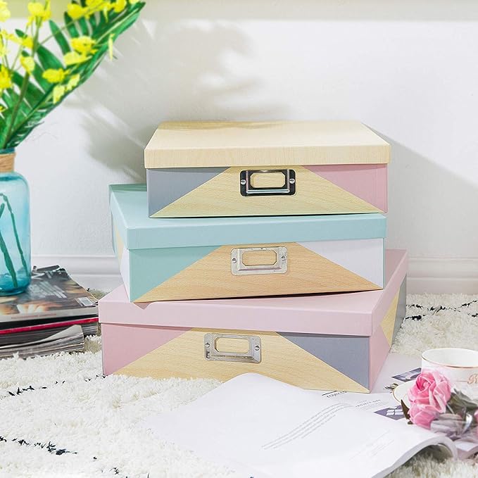 SLPR - Decorative Cardboard Photo Storage Boxes with Lids, Set of 3 | Decorative Paperboard Scrapbook Box Set for Keepsakes, Photos and Letter Papers, Large Cardboard Memory Organizers - Image 2