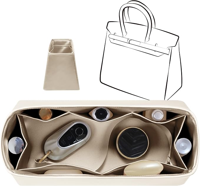 Fits for Brikin Bag Insert Organizer For Hermes(35,Champagne) | Premium Silk Material,Smooth Touch,Lightweight,zipper,protect from scratches & stains,multiple pockets,keychain,waterproof by JLYZMoon