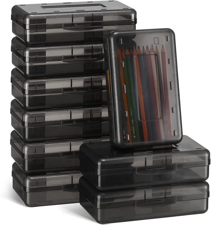 Leelosp 12 Pack Pencil Boxes Bulk, Large Plastic Case,Gray | Stackable Hard Storage Box with Snap Lid for School Classroom, Desk Drawer Organizer, Crayons Markers Kids Supplies by Leelosp