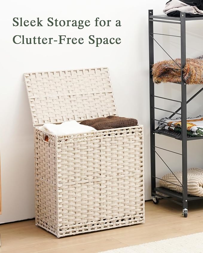 SETVSON Laundry Hamper with Lid PE Rattan Laundry Basket, Light Khaki | Decorative Furniture Look for Bathroom & Bedroom, 2-Section Large Wicker Hamper, 2 Cloth Bags, 6 Mesh Bags Included - Image 8