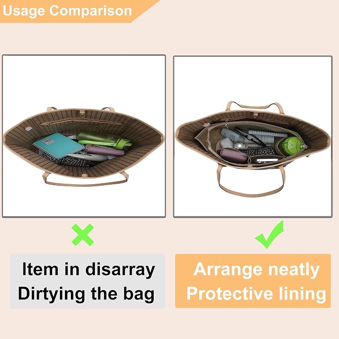 Purse Organizer Insert for Handbags, Felt Neverfull MM Organizer Insert with Cover, Tote Bag Organizer with Zipper Pocket and Bottle Holder, Fit Neverfull MM and More, Beige-L - Image 4