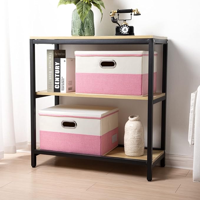 Large Collapsible Storage Bins with Lids [3-Pack] Fabric Foldable Storage Boxes Organizer Containers Baskets Cube with Cover for Home Bedroom Closet Office Pink&Cream(17.7x11.8x11.8) - Image 2
