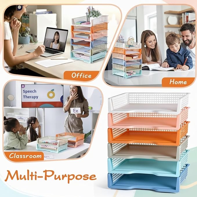 Teenyyou Set of 12 Colorful Turn in Trays Classroom Plastic Stackable Paper Tray Classroom Teachers Desk Organizer Bin for Office Home Teachers Organization and Storage, 9 x 13 x 3 Inches(Boho) - Image 2
