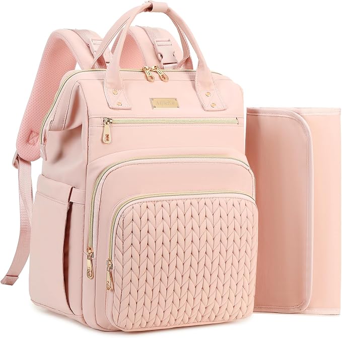 AIJIEKE Large Diaper Bag Backpack, Extra Wide Travel Diaper Bag, Pink | Multi-functional waterproof maternity bag. Changing pad, stroller straps, insulated wet/dry pocket. Mom, dad, toddler travel by AIJIEKEDirect
