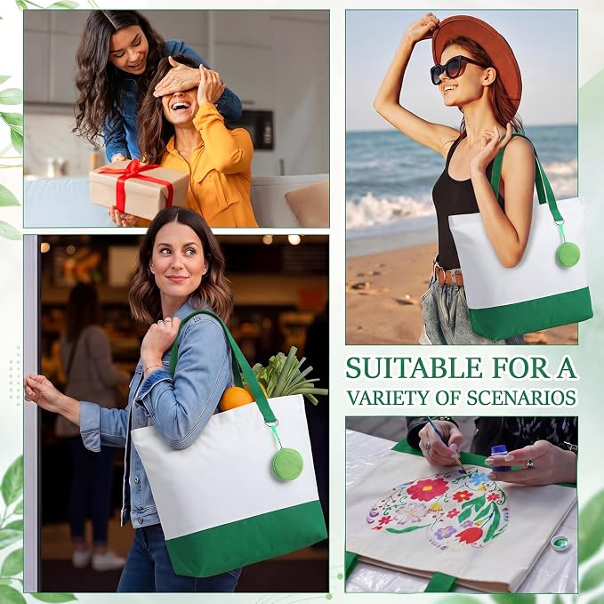 Sanwuta Canvas Tote Bags Bulk with Zipper and Plush Coin Purses 18.5" Reusable Cotton Shopping Bags with Handle for DIY Craft - Image 7