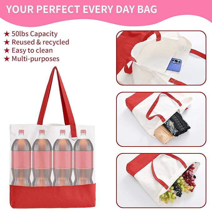 1 Pack Canvas Tote Bag with Zipper, Large Reusable Grocery Tote, Red | Blank bag, washable, inner pocket, flat bottom, sturdy handle, for sublimation DIY/transfer, travel/beach/Christmas crafts - Image 4