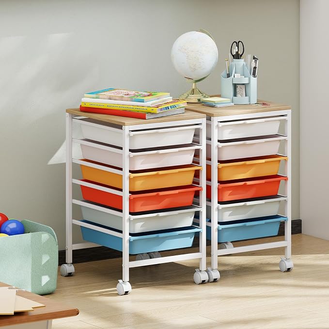 GOFLAME 6-Drawer Rolling Storage Cart, Craft Storage Cart with Wooden Tabletop and Lockable Wheels, Art Cart Supply Storage Organizer with Metal Frame for Home Office Classroom, Macaron Color - Image 8