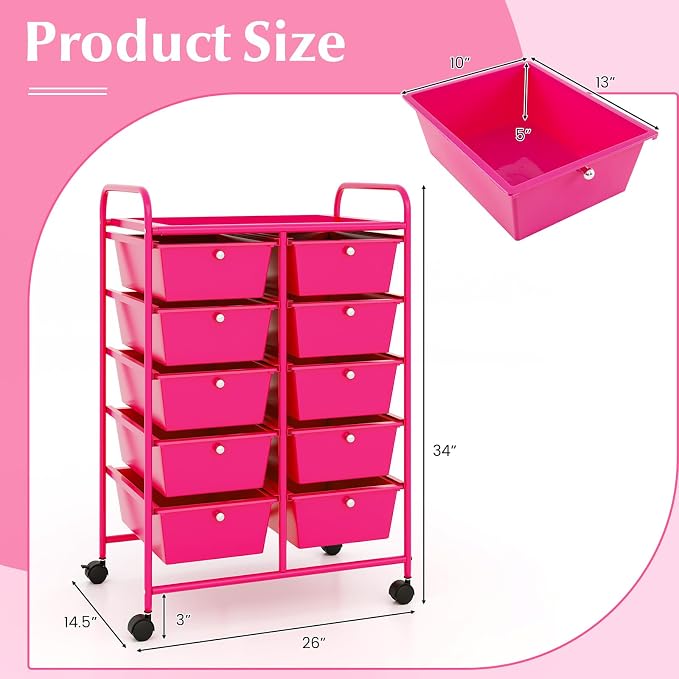 RELAX4LIFE 10-Drawer Rolling Storage Cart - Mobile Craft Art Supply Storage Organizer for Tool Scrapbook Paper Salon, Office School Classroom Teacher Rolling Cart with Drawers, Utility Cart on Wheels - Image 3