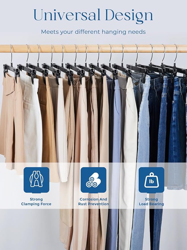 Smartor Black Pants Hangers 150 Pack, Skirt Hangers with Clips, 14 Inch | Strong Non-Slip Clips, 360° Swivel Hooks; Wide Plastic Clip Hangers for Adult Jeans, Trousers, Slacks and Heavier Bottom - Image 7