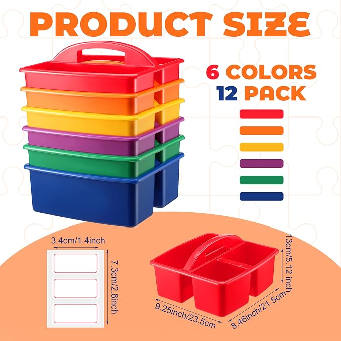 12 Pcs Classroom Storage Caddies Stackable Utility Caddies with 3 Compartment Portable Plastic Caddy with Handle Classroom Storage Bins Organizers for Kids Schools Art Craft Supplies - Image 2