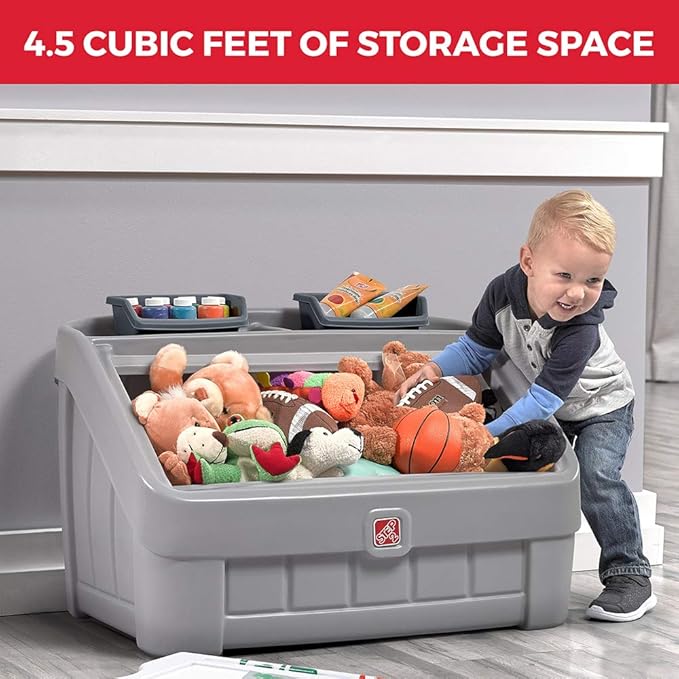 Step2 2-in-1 Toy Box & Art Lid, Kids Toy Storage Bin & Organizer, Easel & Chest in One, Made of Durable Plastic, For Toddlers 2+ Years Old, Gray - Image 2