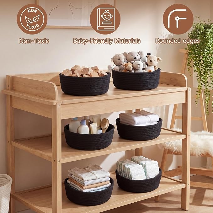 12 Pack Small Storage Basket Cute Natural Cotton Rope Woven Basket Tiny Boho Decorative Toy Storage Bin Gift Baskets for Home Organizing, Closet, Shelf, Nursery, Bathroom (Round,Black) - Image 6