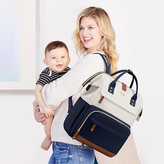 LOVEVOOK Diaper Bag Backpack, Baby Bag with Changing Station, Large Diaper Backpack for Mom Dads, Waterproof Leather Mommy Bag for Boy and Girl, Travel Essential Baby Shower, Navy Blue-Beige - Image 7