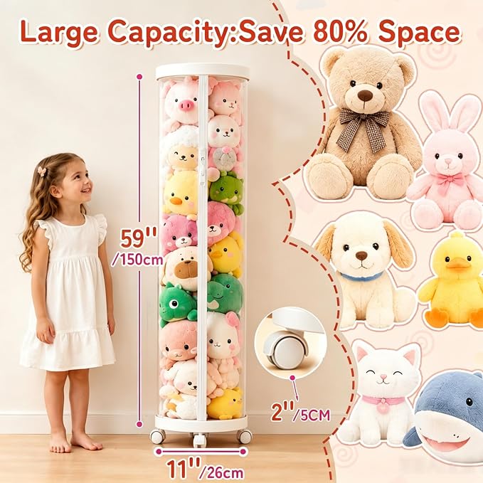 Large Stuffed Animal Storage Tube with Wheels, Tall Toy Organizer with Double Zipper, Clear PET Cylinder Container for Plush Toy Organization, Space Saving Kids Room Storage(White) - Image 2