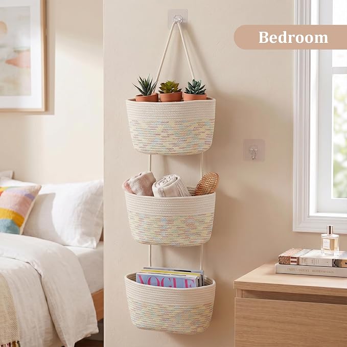 TeoKJ Over the Door Hanging Basket, 3-Tier Woven Cotton Wall-Mounted Storage Organizer Bag Decorative Hanging Nursery Baskets, White & Rainbow Stitching - Image 8