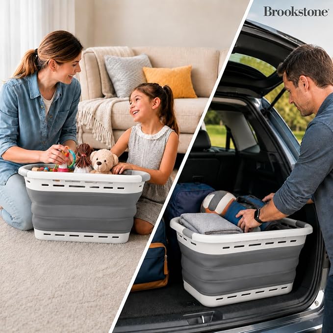 BROOKSTONE 11 GALLON XL 24" Collapsible Laundry Basket & Clothes Hamper, Comfort Non-Slip Handles, Modern Laundry Hamper with Space Saving Design, Portable Pop-Up Hamper, BPA FREE, Light Grey, 1 Pack - Image 4