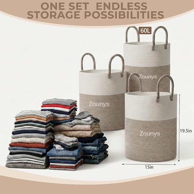 3Pack Large Woven Laundry Basket, 60L Nursery Laundry Basket, Rope Laundry Hamper, Collapsible Laundry Baskets for Blanket Basket Living Room, Bedroom, Bathroom (Khaki) - Image 2