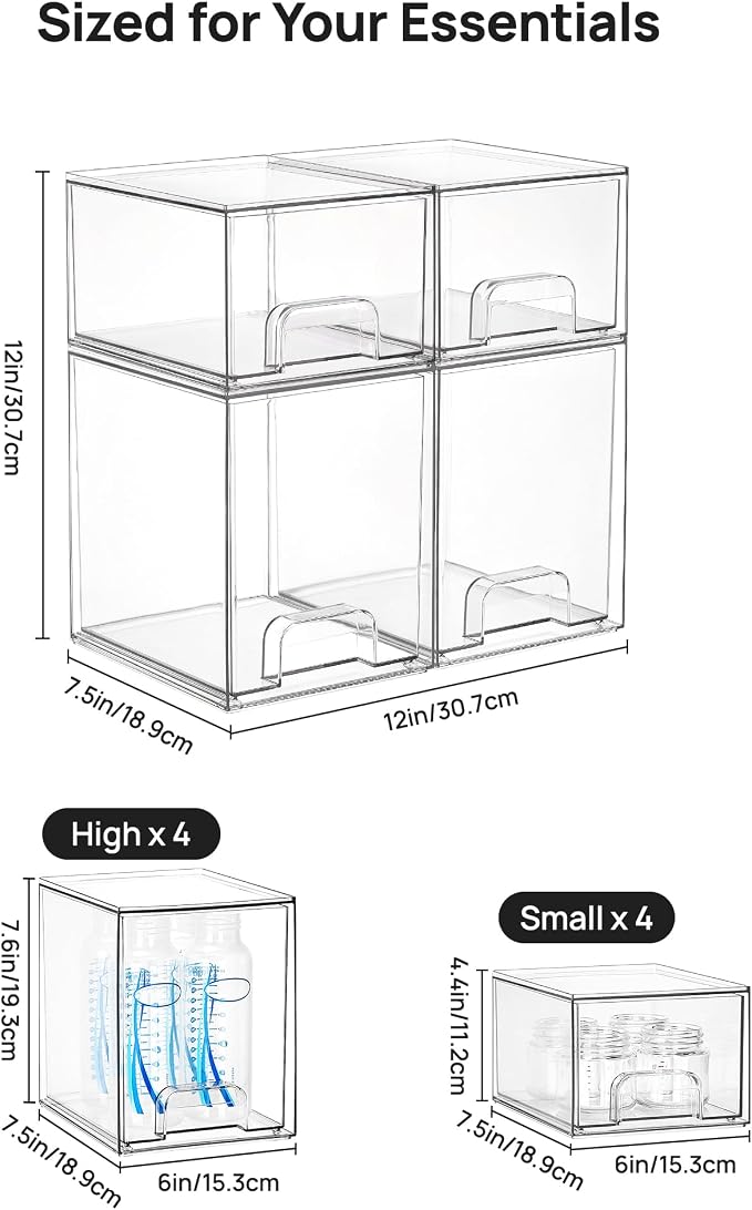 Vtopmart Clear Stackable Storage Drawers Set of 8, Plastic Organizer Bins | Multi-purpose Boxes for Baby Bottle Storage, Ideal for Kichen, Vanity, Bathroom, Undersink, Cabinet, Pantry Organization - Image 3