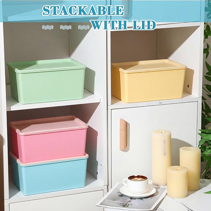 4 Pcs Storage Bins with Lids, Red, Green, Yellow, Blue, Small | Plastic Stackable Organizing Containers, Heavy Duty Storage Boxes for Classroom Room Shelves, Christmas Ornaments Baskets - Image 5