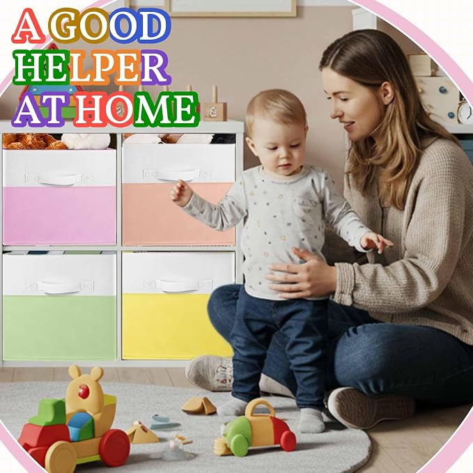 Yinder 6 Pcs Cube Storage Bin 10.5''x10.5''x11'' Storage Bins for Playroom Decor Colorful Bins for Kids Foldable Baskets for Nursery Organizer Boxes Fabric Boxes(Macaron Colors) - Image 6
