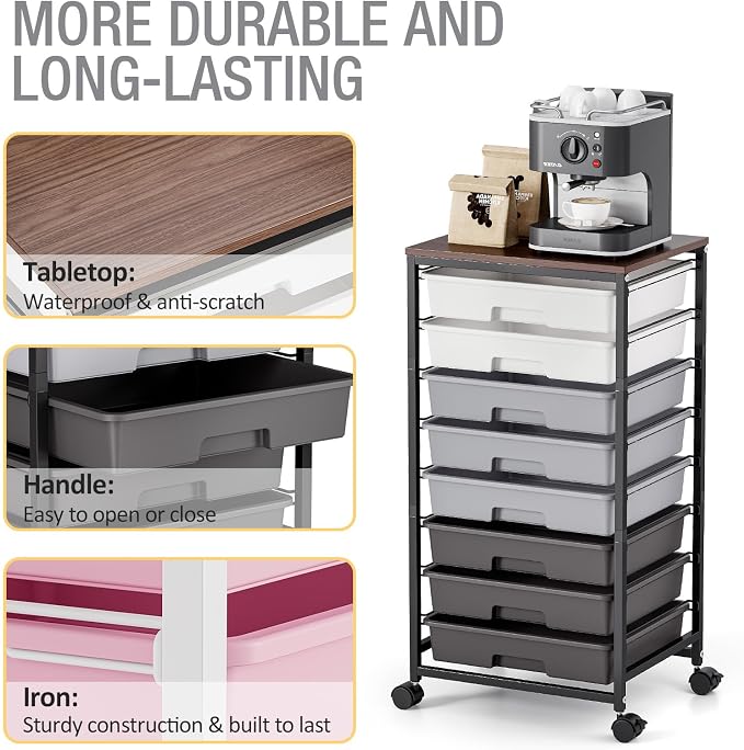 Rolling Storage Cart with 8 Drawers, Utility Cart on Wheels with Wooden Tabletop, Utility Cart for Teacher Storage, Office Organizer, Classroom Storage Cart, Craft Storage, Grey | Utility Cart on Wheels with Wooden Tabletop,Teacher Organization for Cla... - Image 5
