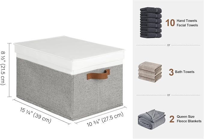 StorageWorks Fabric Storage Bins with Lids, Closet Storage Bins | Lidded Dust-proof, Easy Pull Handles, Foldable, Stackable, Ideal for Clothes Blanket Towel, Large, Gray and White, 3-Pack - Image 2
