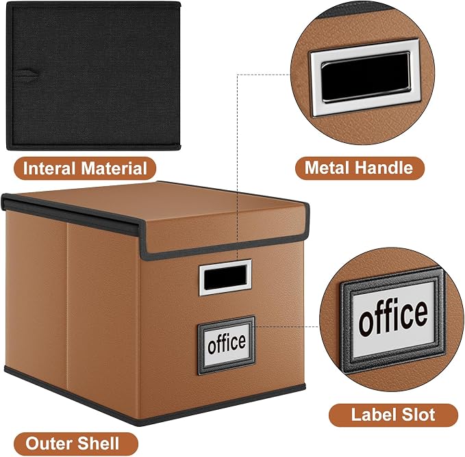 File Organizer Box with Lids, Collapsible File Folder Organizer | File Box with Plastic Slides for Document, Filing Bin for Letter Size Hanging File Folders (2 Pack, Caramel, Leather) - Image 4