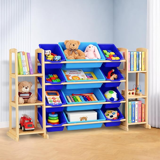 Kids Toy Storage Organizer with Bookshelf – Wooden Shelf with 12 Bins & 6 Shelves, Quick Assembly Storage Rack for Playroom, Bedroom, Nursery– Blue by KidsToyStorageOrganizer