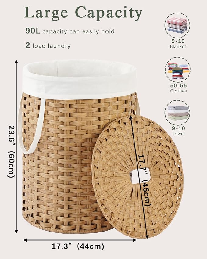 SETVSON Laundry Hamper with Lid 23.8 Gal (90 L) PE Rattan, Natural | 90L 23.8 Gal Round PE Rattan Hamper with Lid, Removable Washable Liner Bag, 2 Mesh Wash Bags, Steel Frame, Handles - Image 2