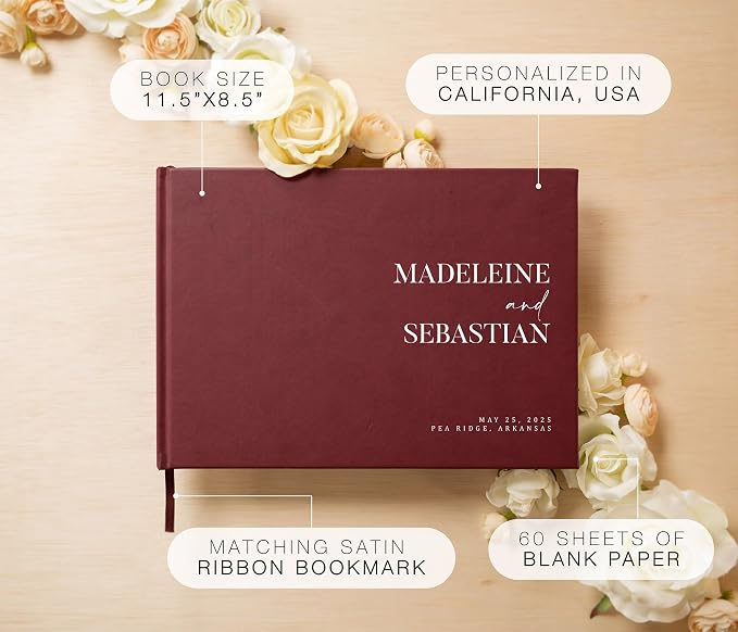 Personalized Guest Book - 11.5" x 8.5" Premium Custom Guest Signing Book with Bookmark and Blank Pages for Wedding Reception Table Decoration Engagement Birthday Party Event, Wine - Image 2