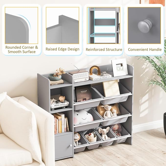 Costzon Kids Toy Storage Organizer, 4-Tier Kids Bookshelf Storage Cabinet w/8 Removable Bins, Preschool Children's Montessori Bookshelf w/Large Cabinet for Playroom, Daycare, Kids Room, Classroom - Image 7