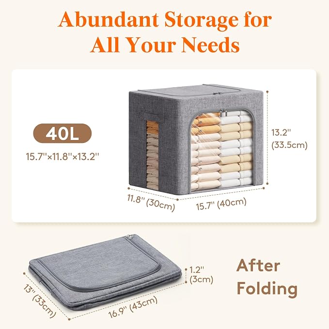 Lifewit Clothes Storage Bins with Metal Frame, Stackable Storage Box, Foldable Clothing Storage Bins with Lids, 40L Storage Bags Fabric Box Organizer with Clear Window＆ Zippers＆ Sturdy Handles 6 Pack - Image 4