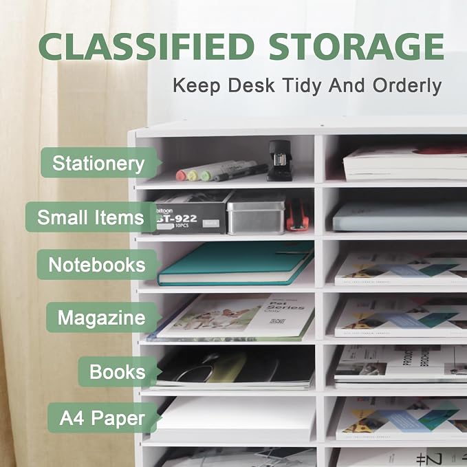 SONGWAY Desk Paper Storage Organizer - Literature Organizer, 24 Compartments Classroom Mailbox with Adjustable Shelves, Desktop File Sorter, Paper and Mail Organizer for Home Office School, White - Image 4