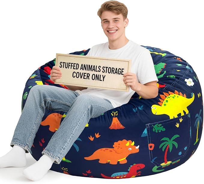 Lukeight Dinosaur Stuffed Animal Storage Bean Bag Chair Cover for Adults, Velvet Plush Toy Organizer Seat, Cover Only, No Filling Included, Long YKK Zipper, Side Pocket, XXX-Large 42"D x 23"H by Lukeight