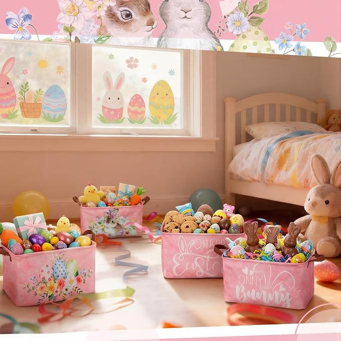 CHENGU 6 Pack Easter Storage Bin Collapsible Cute Easter Basket for Gift Large Pink Bunny Eggs Holiday Decor Rabbit Hunny Bunny Basket Foldable Farmhouse Flower Box with Handle for Bedroom Office Home - Image 6