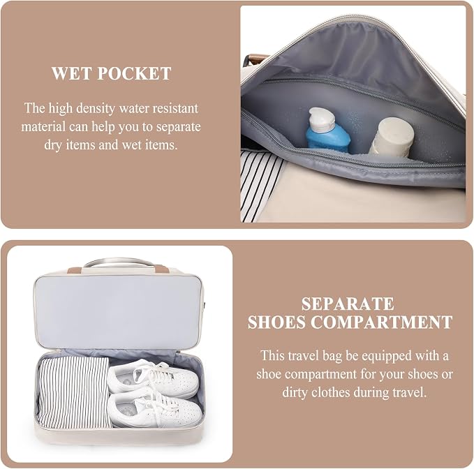 Weekender Bags for Women,Personal Item Travel Bag with Shoes Compartment,Overnight Travel Duffel Bag with Quilted Toiletry Bag,Beige&Brown - Image 6