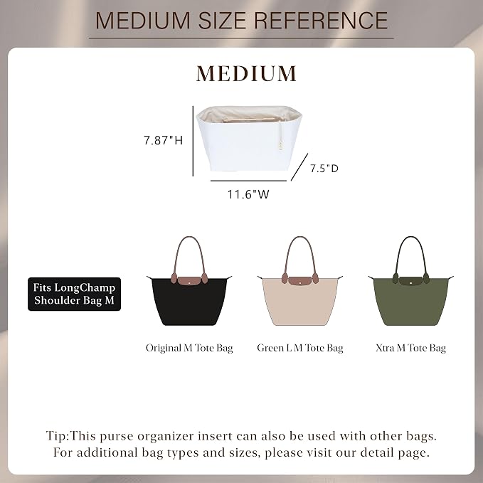 Purse Organizer Insert for Longchamp Le Pliage Medium, White Beige | 6-Compartment Bag Organizer with YKK Zipper Pocket, Cup Holder, Key Chain, Waterproof DupontPaper Lightweight Handbag Shaper - Image 2