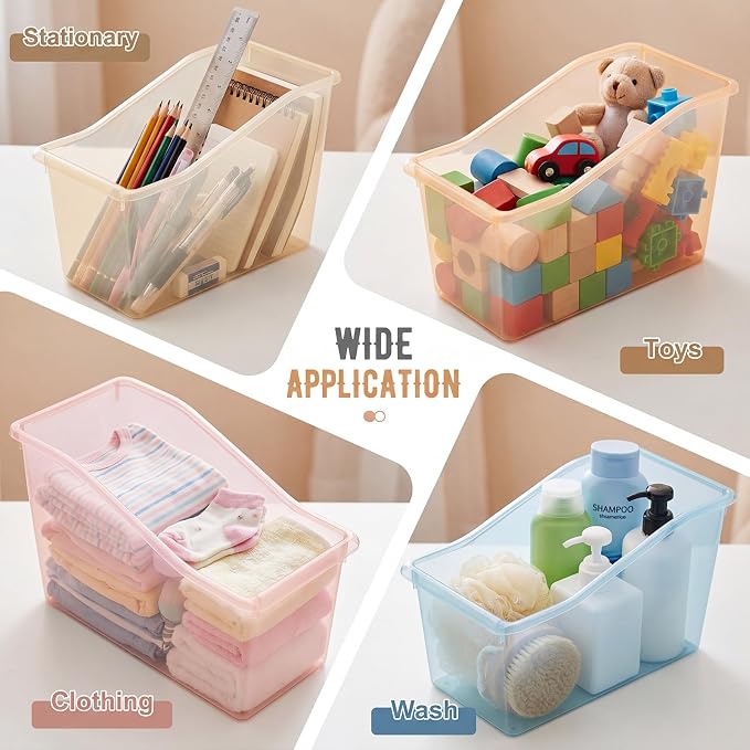 Geetery 12 Pcs Book Bin for Classroom with Labels Stackable Plastic Organizing Bins 11.5 x 5.4 x 7.5 in Book Holders Storage Bins Box Baskets for Classroom Library Home (Semitransparent) - Image 5