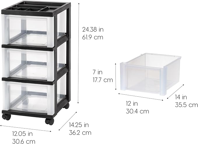 IRIS USA 3-Drawer Rolling Storage Cart, Black/Clear | Keep classroom supplies, teacher essentials, craft materials, and learning tools organized with easy-access drawers. - Image 3