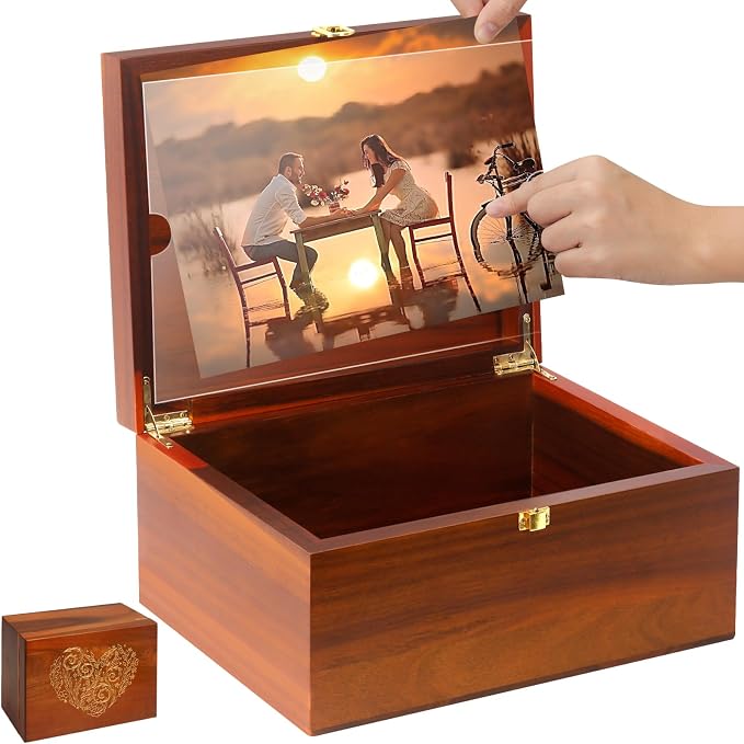 Large Wooden Keepsake Box with Hinged Lid and Photo Frame - Elegant Wedding Memory Box, Ideal for Photos, Letters, Time Capsules, Bride Gift, Decorative Storage，5.5“*8.6”*11.3“ by SanSuePros
