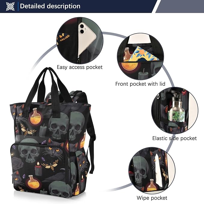 MNSRUU Diaper Bag Grey Skull Diaper Bag Backpack Multifunction Travel Diaper Bag Tote Large Capacity Diaper Changing Backpacks for Moms Dads - Image 2
