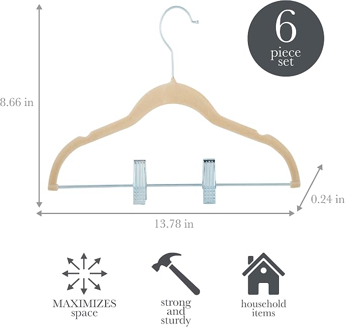 Simplify 60 Pack Children's Velvet Hangers | Durable | Lightweight | Non-Slip | Nursery | Shirt | Pants | Tank Top | Ivory | Clips | Closet Organization - Image 2