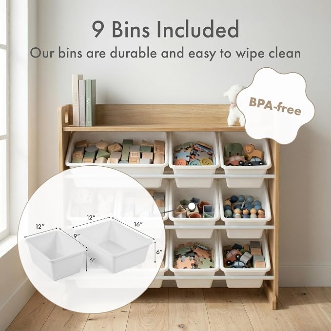 Humble Crew Kids Toy Organizer with Display Shelf, 9 Bins, 3 Tier Storage | Sturdy wood and steel toddler shelf, removable BPA-free containers, wall anchor anti-tip safety kit for bedroom or classroom - Image 4