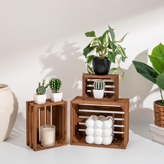 Set of 3 Nesting Wooden Storage Crates - Rustic Wooden Storage Crates for Display Brown Wood Container Boxes Wood Baskets for Farmhouse Flower Stand Display Rack for Shops or Exhibitions Home Decor - Image 2