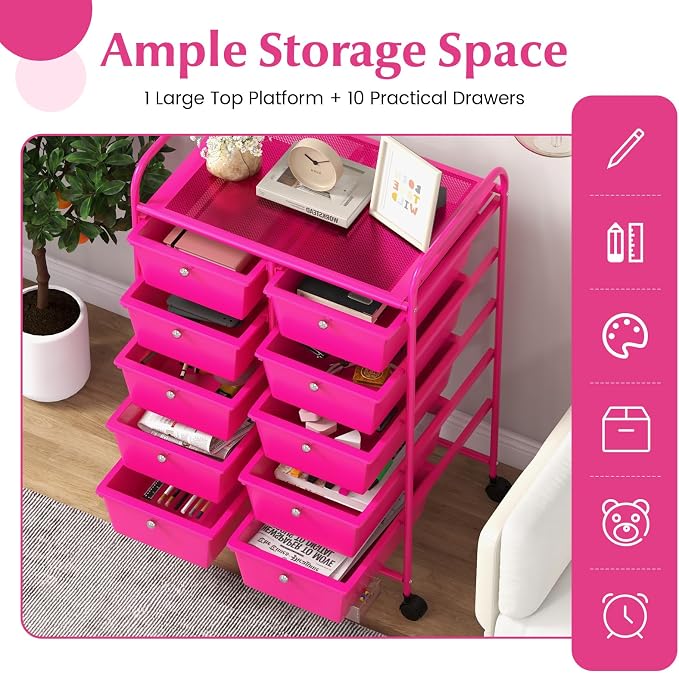 10 Drawer Rolling Cart, Storage Cart Organizer on Wheels, Drawer Cart with Metal Frame & Large Storage Capacity, Rolling Cart with Drawers for Living Room Classroom, Office - Image 4