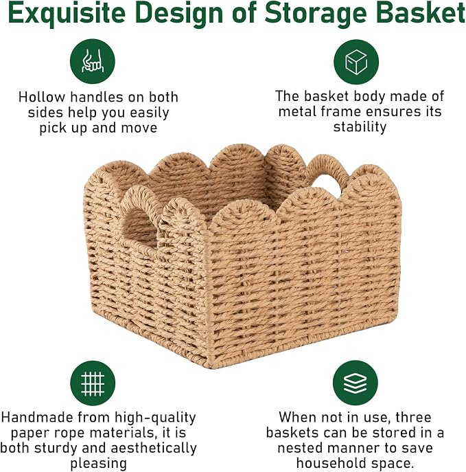 OIAHOMY Scalloped Wicker Baskets, Hand-woven Storage Baskets with Built-in Handles, Paper Rope Shelf Baskets for Organizing and Decoration, Set of 3-Yellow - Image 5