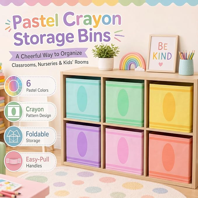 Glooglitter 6 Pack 11 Inch Crayon Fabric Storage Cube with Handles Pastel Collapsible Bin Classroom Must Have Foldable Colorful Closet Bin Basket for Nursery Classroom School Playroom Shelves - Image 4