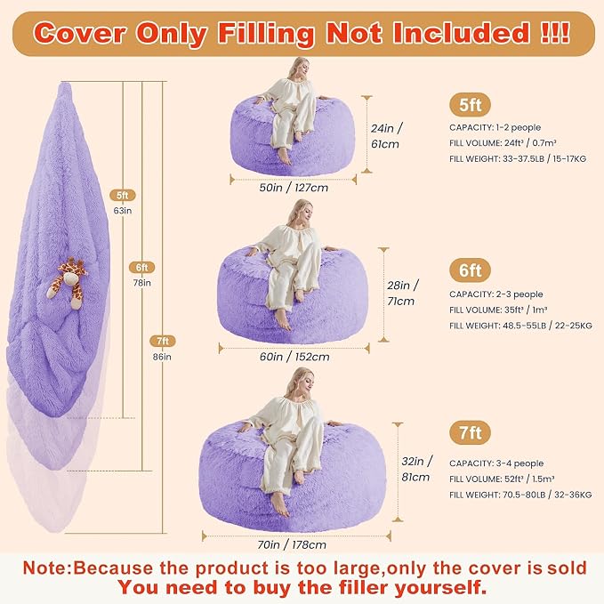 Bean Bag Cover (No Filler) - Faux Fur Beanbag Chairs Covers Only, Stuffed Animal Storage Bean Bag for Adults, Large Washable Beanbag Cover Without Filling, 5FT, Purple - Image 2