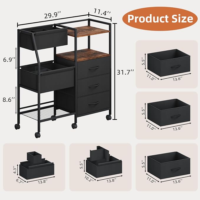 Somdot Baby Diaper Caddy Organizer, 3-Tier Rolling Cart with Drawers | Large-Capacity Metal Nursery Organizer with Removable Dividers, Black Rustic Brown - Image 2